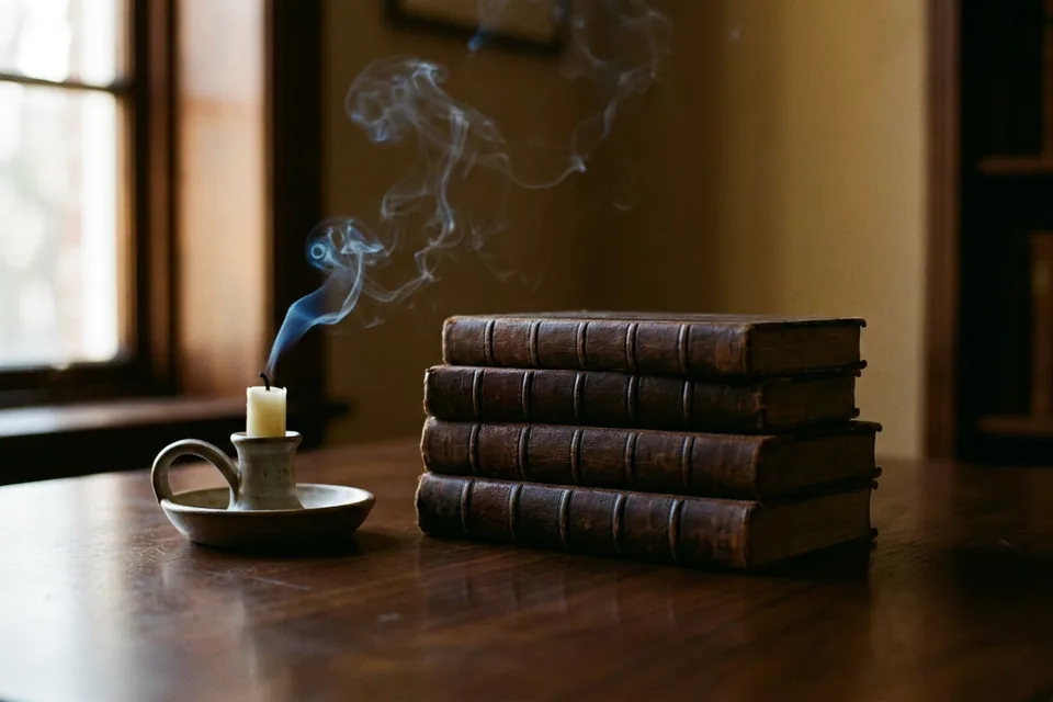 Купчина стари книги и току-що угасена свещ